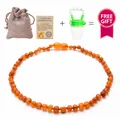 Natural Baltic amber baby necklace set with linen pouch and certificate of authenticity - Matte Fire Amber Style