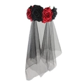 Gotischer Rosen-Haarreif mit schwarzem Netzschleier und roten Blumen für Halloween - Rot + Schwarz