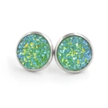 Close-up of 12mm stainless steel stud earrings with blue and green glitter inlay - Green Blue Glitter (2)