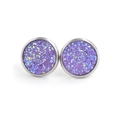 Macro shot of 12mm purple faux druzy stud earrings with silver-tone metal borders - Purple (8)