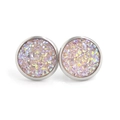 Detail shot of 12mm silver stainless steel stud earrings with pink glitter resin stones - Holographic Pink Purple (24)