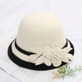 Elegant beige wool felt cloche hat with black velvet ribbon and pearl flower detail - M / Beaded Flower with Hemming / Cream