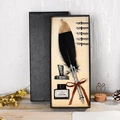 Vintage quill pen set in black feather with silver carved holder and ink in a gift box - Black