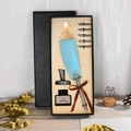 Vintage sky blue feather quill pen set with silver carved holder and replacement nibs - Lake Blue