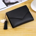 Short black envelope wallet with a heart pendant and leather tassel for women - Black