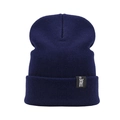 Navy blue winter knitted beanie hat with TRUE patch and classic ribbed cuff design - Navy Blue