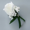 White fabric rose boutonniere with crystal accents and green ribbon for wedding attire - Corsage / No.10 White + Dark Green
