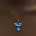Vintage silver dragon necklace with blue luminous skull wing pendant for Halloween - Antique Silver + Sky Blue (Skull Wings)
