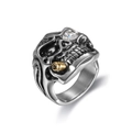 Anello teschio classico in acciaio inox con pipa dorata e zircone bianco incastonato - US 7 / Oro Argento Distressed Occhi Bianchi (05409)