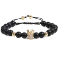 Men's crown bracelet with black matte beads and micro-paved zircon stones - Gold