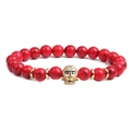 8mm red bead bracelet set featuring gold skull with micro-pave cubic zirconia on white background - Red Turquoise Skull Beaded Bracelet