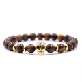 Brown tiger eye bead bracelet with a gold-plated skull and micro-paved cubic zirconia - Tiger Eye Skull Beaded Bracelet
