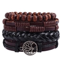Men's retro layered bracelet set featuring leather braids and tree of life metal charm - 4-Piece Set - Tree of Life