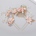 Set accessori capelli sposa eleganti con fiori rosa, foglie dorate e perle preziose - Set 4 (3 pezzi) / Rosa