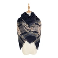 Large plaid cashmere-like scarf in dark blue and yellow check with fringe detail - A116 Navy Beige Yellow Plaid