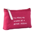 Red canvas cosmetic bag with white text print and zipper handle for storage - Three-Row Letters / Burgundy