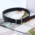 Minimalist black matte leather belt with square pin buckle shown on fashion magazines - Silver Clasp