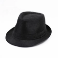 Detailed view of the woven texture and black ribbon band on a summer linen fedora hat - M (56-58cm) / Black