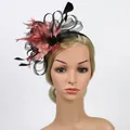 Detail of vintage fascinator with black mesh veil, pink feathers and pearls on headband - Black & Champagne