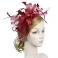 Detail of burgundy mesh fascinator with feather plumes and pearls for weddings - Burgundy