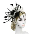 Detail of elegant black and white feather fascinator hat with mesh and delicate beadwork - Creamy White & Black
