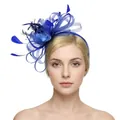 Detail view of royal blue feather fascinator hat with mesh veil and flower accent - Royal Blue