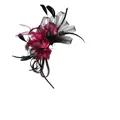 Detail of elegant black mesh fascinator with magenta feathers on a headband base - Black Rose Red