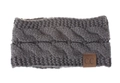Close-up of grey cable-knit winter headband with detailed texture and brown C.C label - Dark Gray