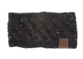 Detail of cable knit headband with colorful flecks and brown leather C.C brand label - Black Marl