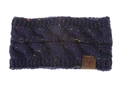 Detailed view of dark purple cable knit headband with colorful flecks and CC leather tag - Navy Marl