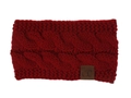 Macro detail of red cable knit headband featuring a premium brown C.C leather patch - Burgundy