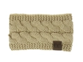 Detail view of beige cable knit headband featuring thick texture and C.C leather patch - Camel