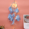 Blue dreamcatcher with glowing LED lights and soft feathers against a pink background - With LED Light / Blue
