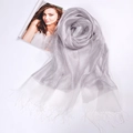Silver grey silk organza shawl with metallic gold threads and fringe tassels detail - Silver