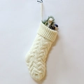 Cream knit Christmas stocking with cable pattern and festive pine cone decor - Small / Ivory
