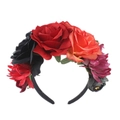 Halloween floral headband featuring red, orange, and black faux roses on a black band - Black, Red and Orange