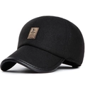 Gorra de béisbol de invierno para hombre en negro con ribete de cuero y lana aislante - Ajustable / Negro
