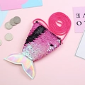 Detail of pink and black reversible sequin mermaid tail coin purse with lanyard - Rose Red
