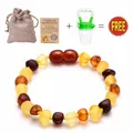 Baltic amber baby teething bracelet set with linen pouch and green silicone feeder - Frosted Multi-color
