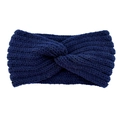 Knitted dark blue cross twist headband with thick wool crochet texture for winter warmth - Navy Blue