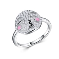 Detailed view of silver ring featuring a pave diamond smiley face with pink cheeks - US 6 / Kissing Heart Emoji
