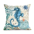Marine seahorse pillow cover with sea star and nautical map print on linen fabric - Seahorse