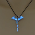 Luminous dragon and sword pendant necklace with blue glowing wings on a black cord - Antique Silver + Sky Blue (Pterodactyl Sword)