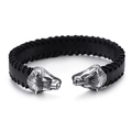 Men's retro black leather bracelet with silver dragon head ends in punk style - Lion Head (KB100283-BD)