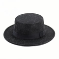 Cappello boater classico in feltro di lana nero con nastro in canneté nero coordinato - Top Piatto Nero Misto + Cinturino / Taglia Unica 58cm