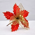 22cm Christmas mesh poinsettia flower with gold glitter for festive tree decoration - Red