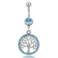 Silver tree of life belly button ring with sparkling blue rhinestones and reflections - Lake Blue