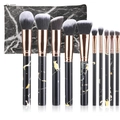 10-teiliges Make-up-Pinsel-Set mit Marmormuster, Roségold-Zwingen und Kosmetiktasche - Reißverschlusstasche / Schwarz