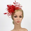 Detail of red feather fascinator hat with mesh flowers on a blonde mannequin head - Red