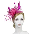 Fuchsia fascinator hat with elegant feathers and mesh veil for weddings and horse racing - Rose Red